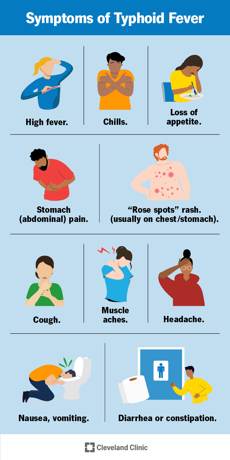 I sintomi del tifo includono febbre alta, mal di stomaco, eruzione cutanea, tosse, dolori muscolari, vomito, diarrea, stitichezza e altro ancora.