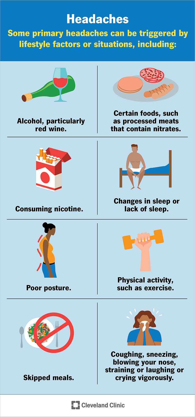 I fattori legati allo stile di vita che possono scatenare il mal di testa primario includono il consumo di alcol, il consumo di nicotina, i cambiamenti nel sonno, la cattiva postura e altro ancora.