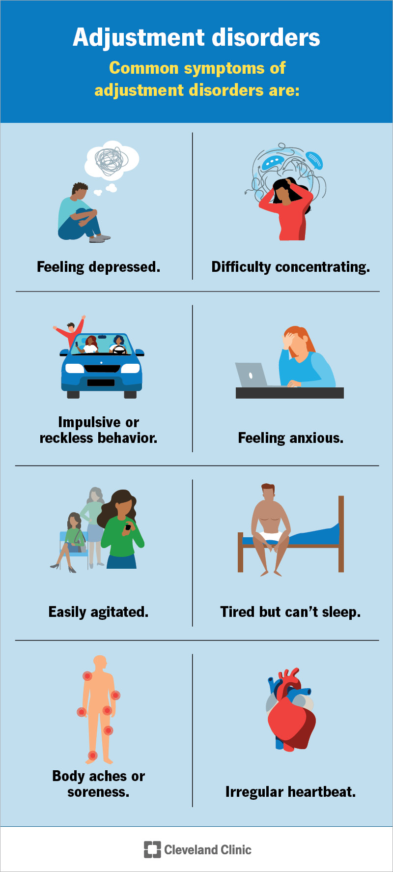 I sintomi dei disturbi dell'adattamento, come la depressione e il battito cardiaco irregolare, incidono sulla salute fisica e mentale.