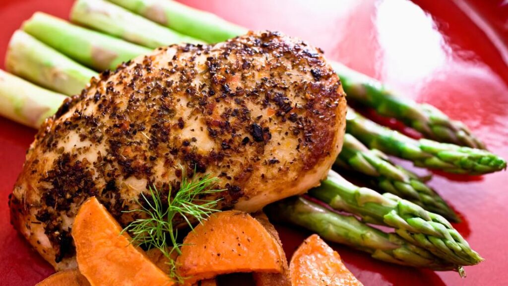 chicken asparagus sweet potatoes 157396878